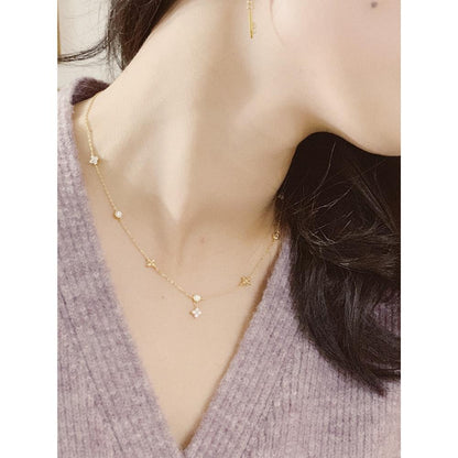 S925 Silver Plated 18K Gold Four-Leaf Clover Lucky Vintage Simple Elegant Collarbone Necklace