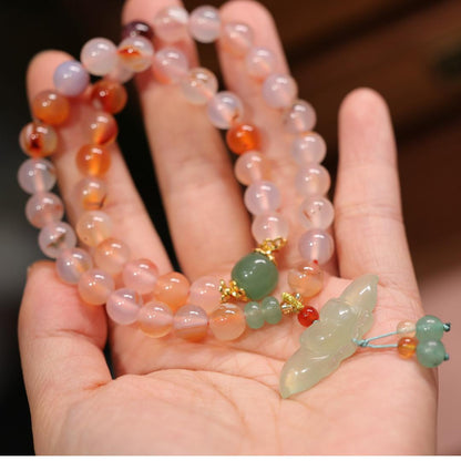 Natural 8MM Red Agate Bracelet for Women, Xiuyan Jade Lotus Cherry Blossom Agate Beaded Necklace, Dual-use Style