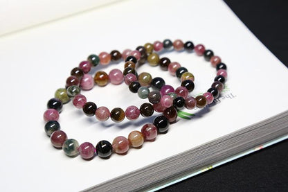 Natural Tourmaline Bracelet for Women Tourmaline Round Beads Rainbow Color Single Circle Bracelet Crystal Jewelry Round Beads Best Friend Gift