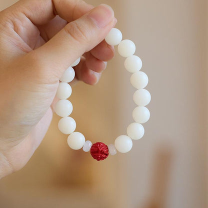 Temple Style Natural White Jade Bodhi Bracelet with Cinnabar Red Sand Pixiu Soft Wrap Bracelet for Men and Women Buddhist Prayer Beads
