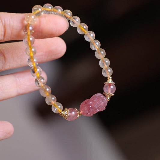 Natural 6MM Golden Rutilated Quartz Bracelet for Women Strawberry Quartz Pixiu Bracelet Crystal Jewelry Design Gift for Best Friend