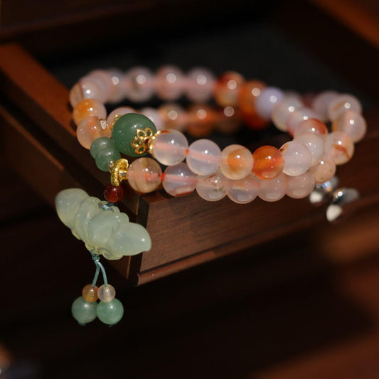 Natural 8MM Red Agate Bracelet for Women, Xiuyan Jade Lotus Cherry Blossom Agate Beaded Necklace, Dual-use Style
