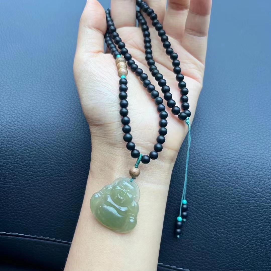 Natural Hetian Jade Hugging Buddha Pendant Necklace Couple Style Jade Pendant Exquisite Carving Braided Cord