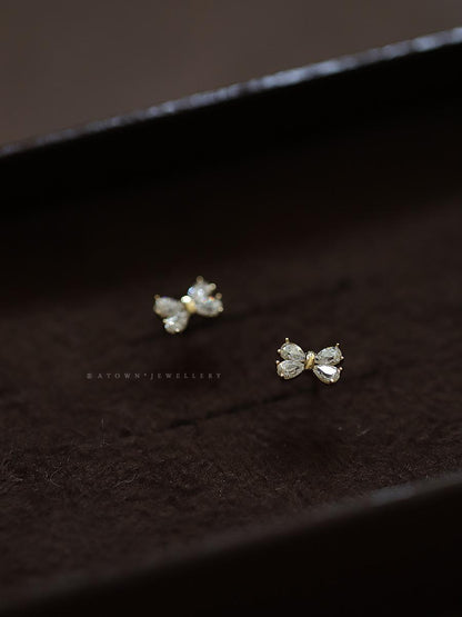 S925 Silver Plated 14K Gold Earrings Four Diamonds Bowknot Sweet Korean Design Mini Earrings Girlfriend Gift