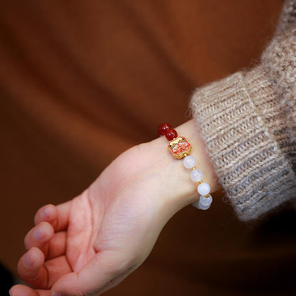 Natural Double Red Agate White Agate Nian Beast Bracelet for Women Lion Dance Accessory Agate Bead Jewelry
