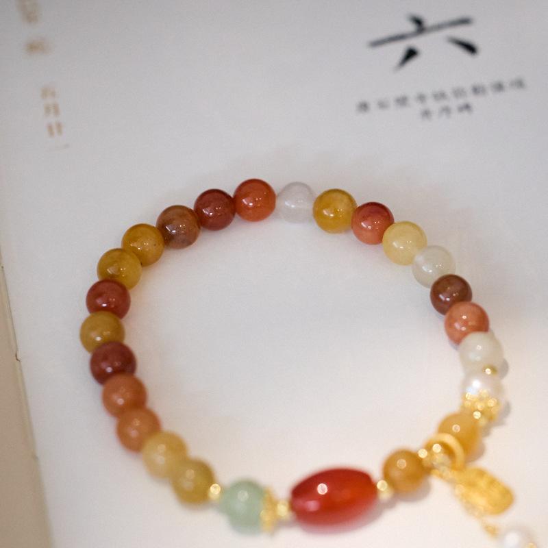Natural Xinjiang Golden Silk Jade Bracelet for Women with Pearl Tassels, New Chinese Style, High-End Jade Bracelet, Best Friend Gift