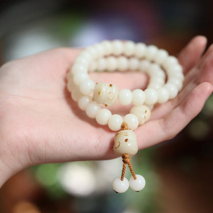 White Jade Bodhi Root Bracelet, Fired Cat Paw Bodhi Seed Bracelet, High Polished Single Circle Buddha Beads, Cultural Game Prayer Beads