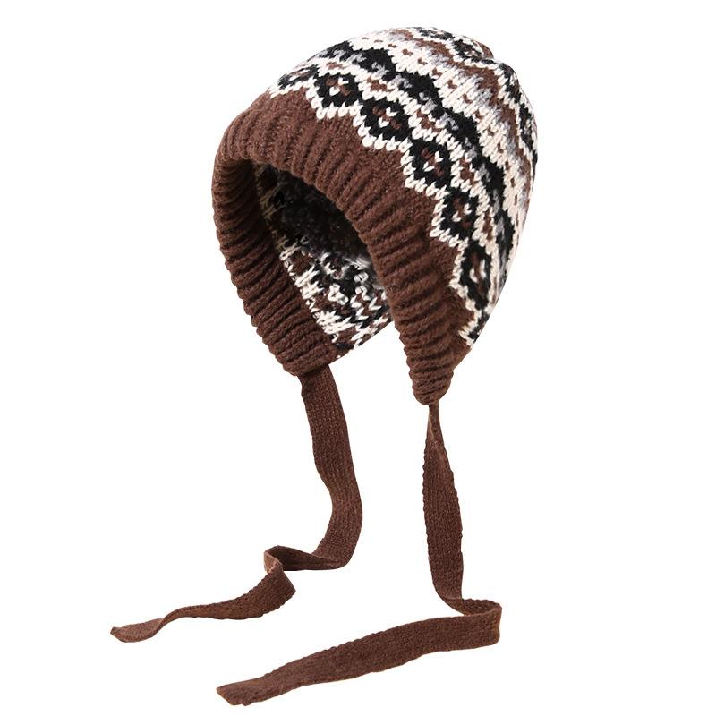 Korean Style Hat for Women Winter Knitted Drawstring Slouchy Beanie Fair Isle Style Retro Versatile Wool Hat for Women