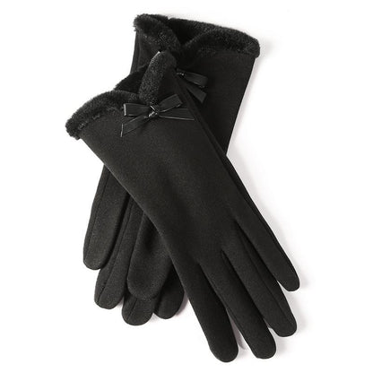 Autumn Winter Thermal Gloves for Women Outdoor Cold-Proof Fleece-Lined Warm Gloves Cute Bow Driving Gloves Touchscreen Compatible