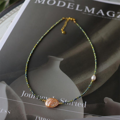 Design Simple Natural Lapis Lazuli Malachite Freshwater Petal Pearl Necklace Ultra-fine Layered Collarbone Chain Necklace