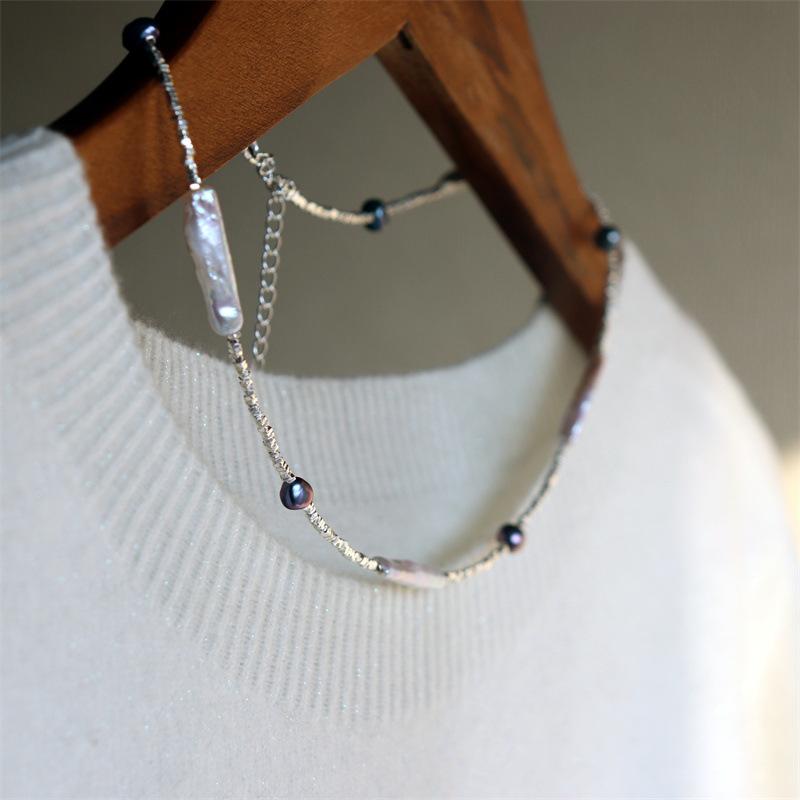 Elegant Design Light Luxury Minimalist Style Broken Silver Irregular Freshwater Pearl Small Silver Bar Handmade Beaded Necklace