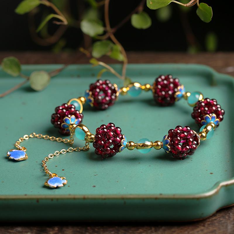 National Style Natural Garnet Simple Women's Garnet Bracelet with Tianhe Stone Cloisonné Accessories Beaded Bracelet Jewelry