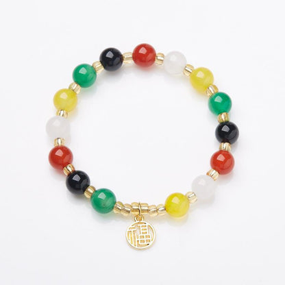 Natural 8MM Agate Bracelet Five Blessings Good Luck Multicolored Agate Beads Temple Scenic Spot Bracelet Gift