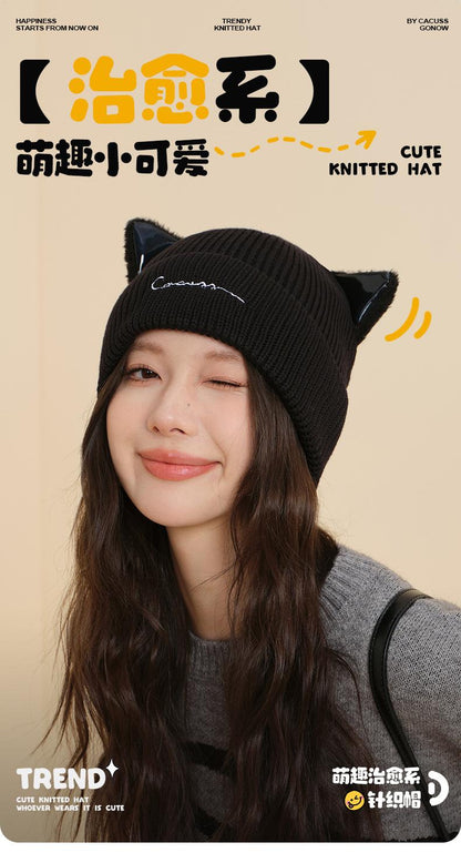 Knitted Hat for Women, Autumn and Winter New Korean Trendy Brand Wool Hat, Cat Ear Hat, Fashionable Knitted Hat, Casual Versatile