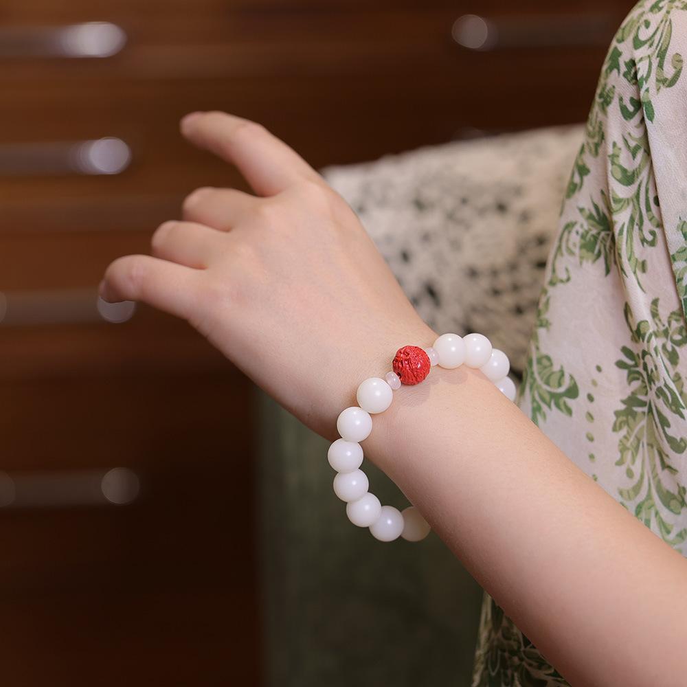 Natural 12MM White Jade Bodhi Bracelet with Cinnabar and Red Sand Pixiu, Soft Wrap-around Bead Bracelet for Men and Women, Single Circle Buddhist Prayer Beads