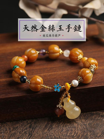 Gold Silk Jade Bracelet Wholesale Drum Beads Pumpkin Beads Gourd Ethnic Style Bracelet Yellow Jade Pixiu Bracelet for Women