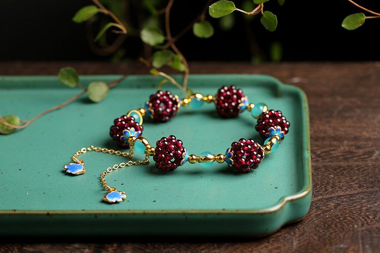 National Style Natural Garnet Simple Women's Garnet Bracelet with Tianhe Stone Cloisonné Accessories Beaded Bracelet Jewelry