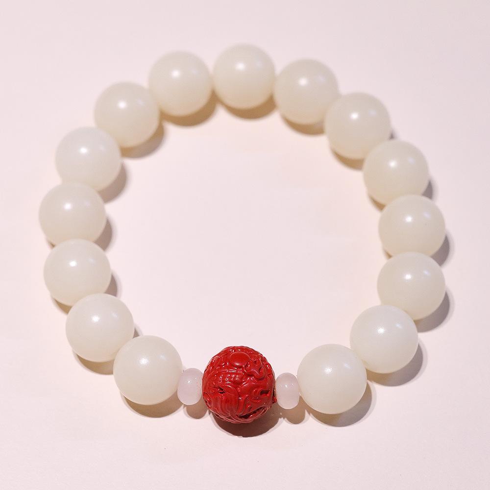 Natural 12MM White Jade Bodhi Bracelet with Cinnabar and Red Sand Pixiu, Soft Wrap-around Bead Bracelet for Men and Women, Single Circle Buddhist Prayer Beads