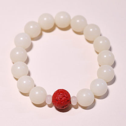 Natural 12MM White Jade Bodhi Bracelet with Cinnabar and Red Sand Pixiu, Soft Wrap-around Bead Bracelet for Men and Women, Single Circle Buddhist Prayer Beads