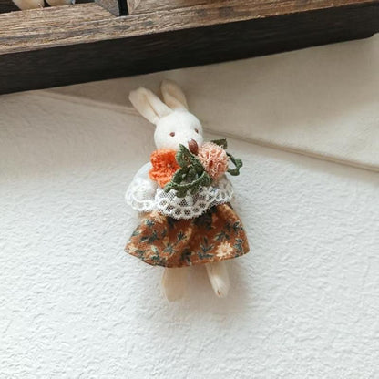 Sweet and Fresh Forest Style Girl Fabric Cartoon Cute Floral Dress with Little Bunny Brooch Accessory