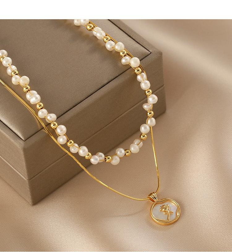 Pearl Layered Chain Double Weave Necklace Niche High-end Sense Women's Romantic Rose Flower Gift Temperament