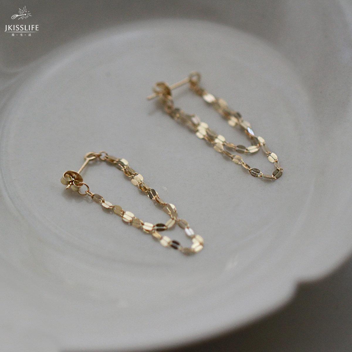 Elegant S925 Silver Gold-Plated Blade Chain Kiss Chain Long and Short Tassel Front and Back Double-Layer Earrings