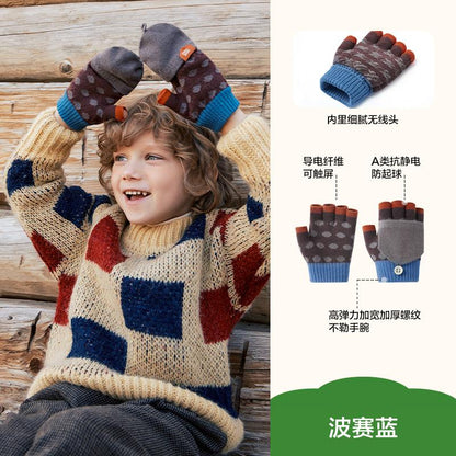 Children's Gloves Winter Boys Girls Half Finger Five Finger Flip Cover Warm Primary School Students Writing Special Class A Autumn