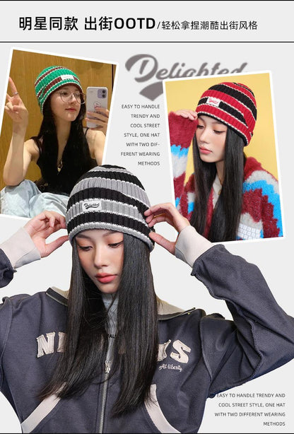 Autumn Winter Color-Block Knitted Hat for Women Outdoor Warm Versatile Wool Hat Trendy Cool Beanie Large Head Circumference Hat
