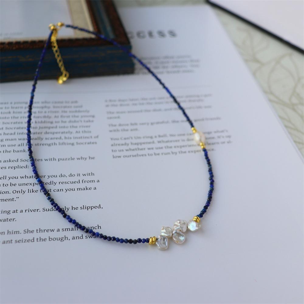 Design Simple Natural Lapis Lazuli Malachite Freshwater Petal Pearl Necklace Ultra-fine Layered Collarbone Chain Necklace