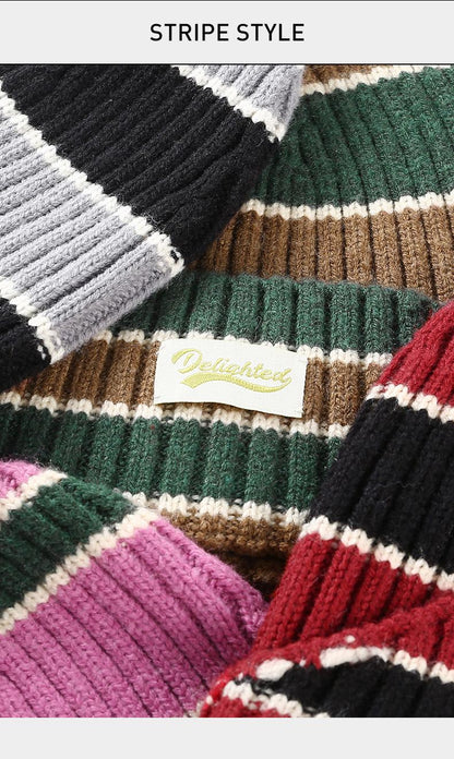 Autumn Winter Color-Block Knitted Hat for Women Outdoor Warm Versatile Wool Hat Trendy Cool Beanie Large Head Circumference Hat