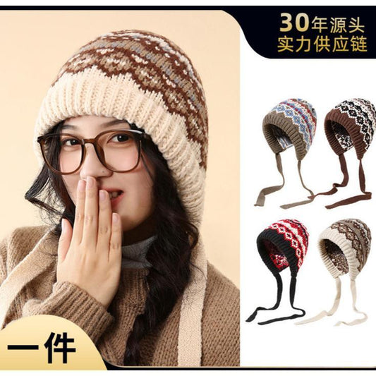Korean Style Hat for Women Winter Knitted Drawstring Slouchy Beanie Fair Isle Style Retro Versatile Wool Hat for Women