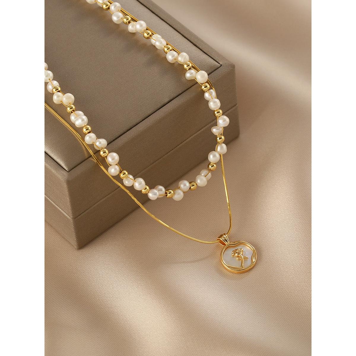 Pearl Layered Chain Double Weave Necklace Niche High-end Sense Women's Romantic Rose Flower Gift Temperament