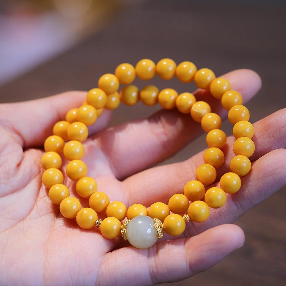 Natural Chicken Fat Yellow Beeswax Buddha Beads Bracelet for Women Amber Hetian Jade Single Circle Bracelet Retro Chinese Style Design