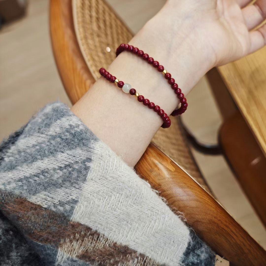 Xiangxi Natural Cinnabar Bracelet S925 Silver Hetian Jade Single Circle Bracelet Zodiac Year Cinnabar Gift