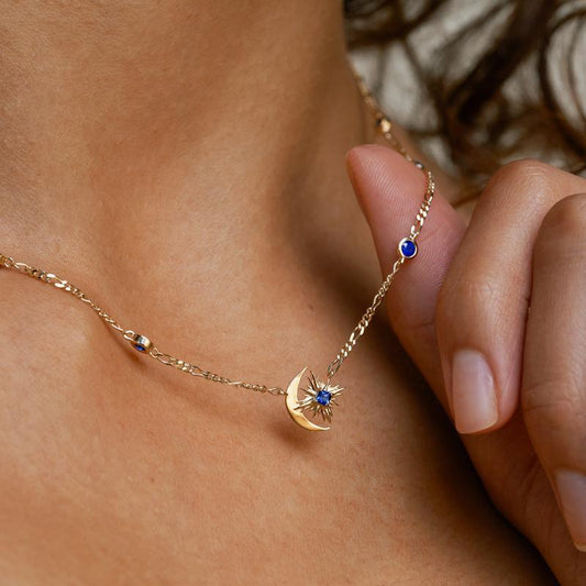 Artistic Retro Style Star Moon Sapphire Starburst Necklace Copper Electroplated 14K Gold