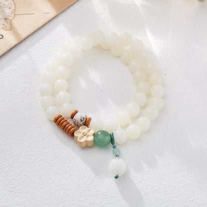 Natural White Jade Bodhi Bracelet Wealth Flower Green Dongling Bodhi Double Circle Cultural Play Bracelet Buddhist Beads Prayer Beads Bracelet