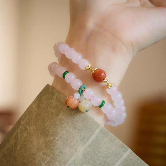 Natural Rose Quartz Bracelet for Women with Gold Thread, Jade Small Pumpkin Tassel Double Circle Bracelet, Pink Crystal Bracelet, Best Friend Gift