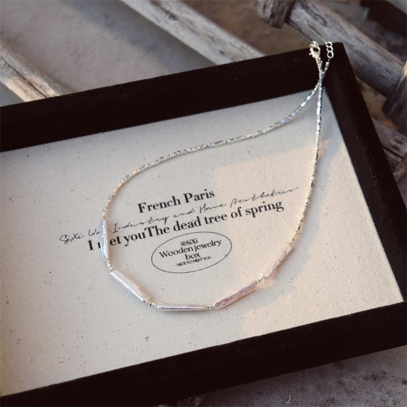 Elegant Design Light Luxury Minimalist Style Broken Silver Irregular Freshwater Pearl Small Silver Bar Handmade Beaded Necklace