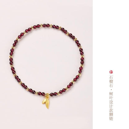 Natural 4MM Garnet Anklet for Women with Leaf and Heart Design, New Chinese Style, High-End Crystal Anklet