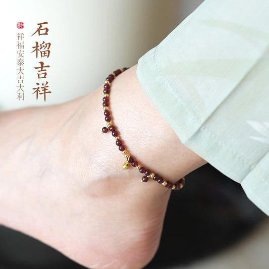 Natural 4MM Garnet Anklet for Women with Leaf and Heart Design, New Chinese Style, High-End Crystal Anklet