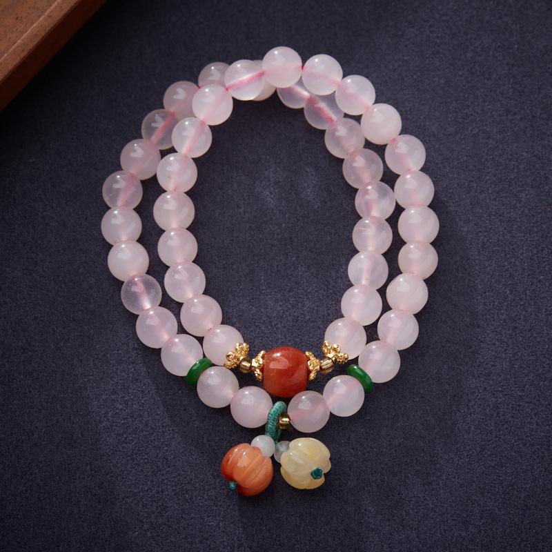 Natural Rose Quartz Bracelet for Women with Gold Thread, Jade Small Pumpkin Tassel Double Circle Bracelet, Pink Crystal Bracelet, Best Friend Gift