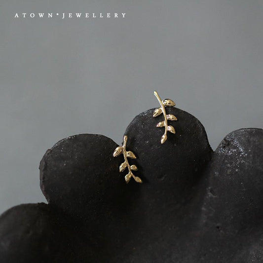 S925 Sterling Silver 14K Gold Plated Leaf Stud Earrings Mini Elegant Tree Branch Korean and Japanese Style Ins Style Small Earrings