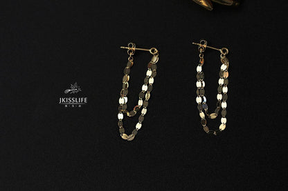 Elegant S925 Silver Gold-Plated Blade Chain Kiss Chain Long and Short Tassel Front and Back Double-Layer Earrings