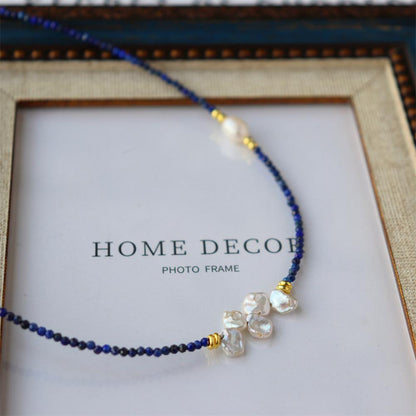 Design Simple Natural Lapis Lazuli Malachite Freshwater Petal Pearl Necklace Ultra-fine Layered Collarbone Chain Necklace