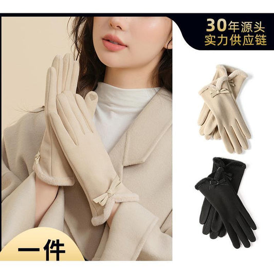 Autumn Winter Thermal Gloves for Women Outdoor Cold-Proof Fleece-Lined Warm Gloves Cute Bow Driving Gloves Touchscreen Compatible