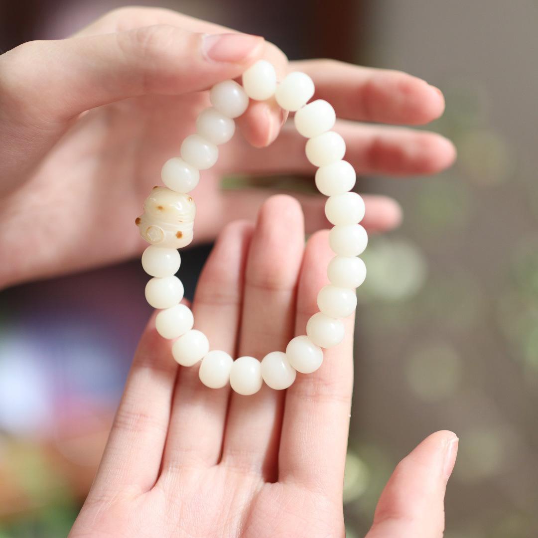 White Jade Bodhi Root Bracelet, Fired Cat Paw Bodhi Seed Bracelet, High Polished Single Circle Buddha Beads, Cultural Game Prayer Beads