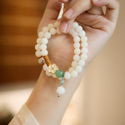 Natural White Jade Bodhi Bracelet Wealth Flower Green Dongling Bodhi Double Circle Cultural Play Bracelet Buddhist Beads Prayer Beads Bracelet