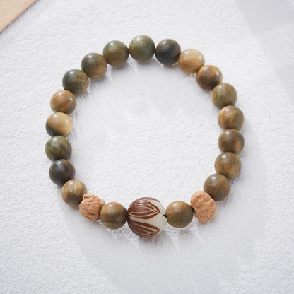 Natural 8MM Green Sandalwood Bracelet Bodhi Root Lotus Beads Passion Seed Design Style Handicraft Bracelet for Men and Women
