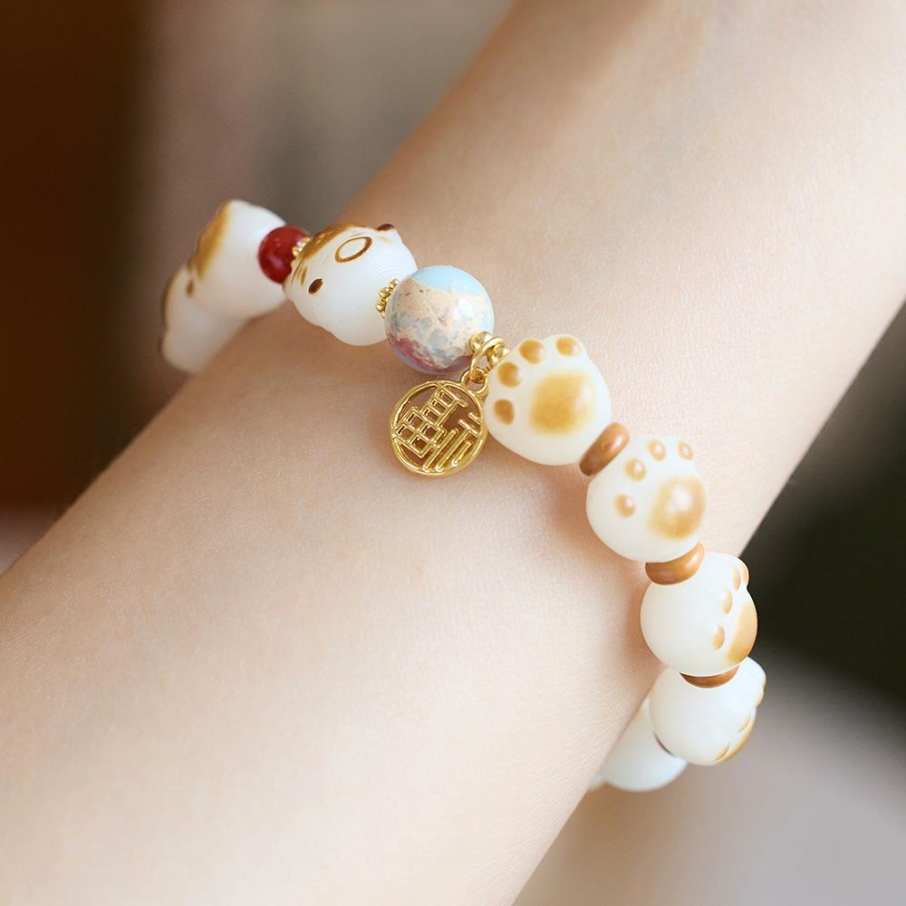 Natural Charcoal Burnt Cat Paw Bodhi Root Bracelet for Women Cat Milk Bean Pendant Bodhi Root Small Cat Buddha Bead Bracelet