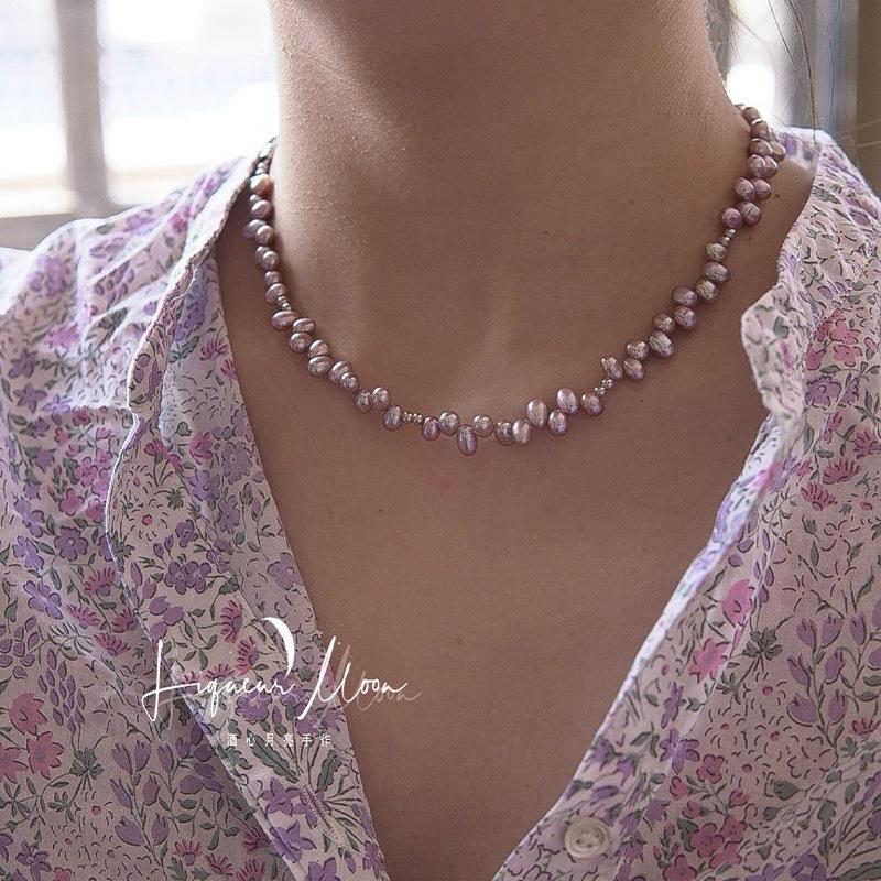 Natural Freshwater Baroque Pearl Taro Purple Pearl Necklace Simple Round Bead Necklace